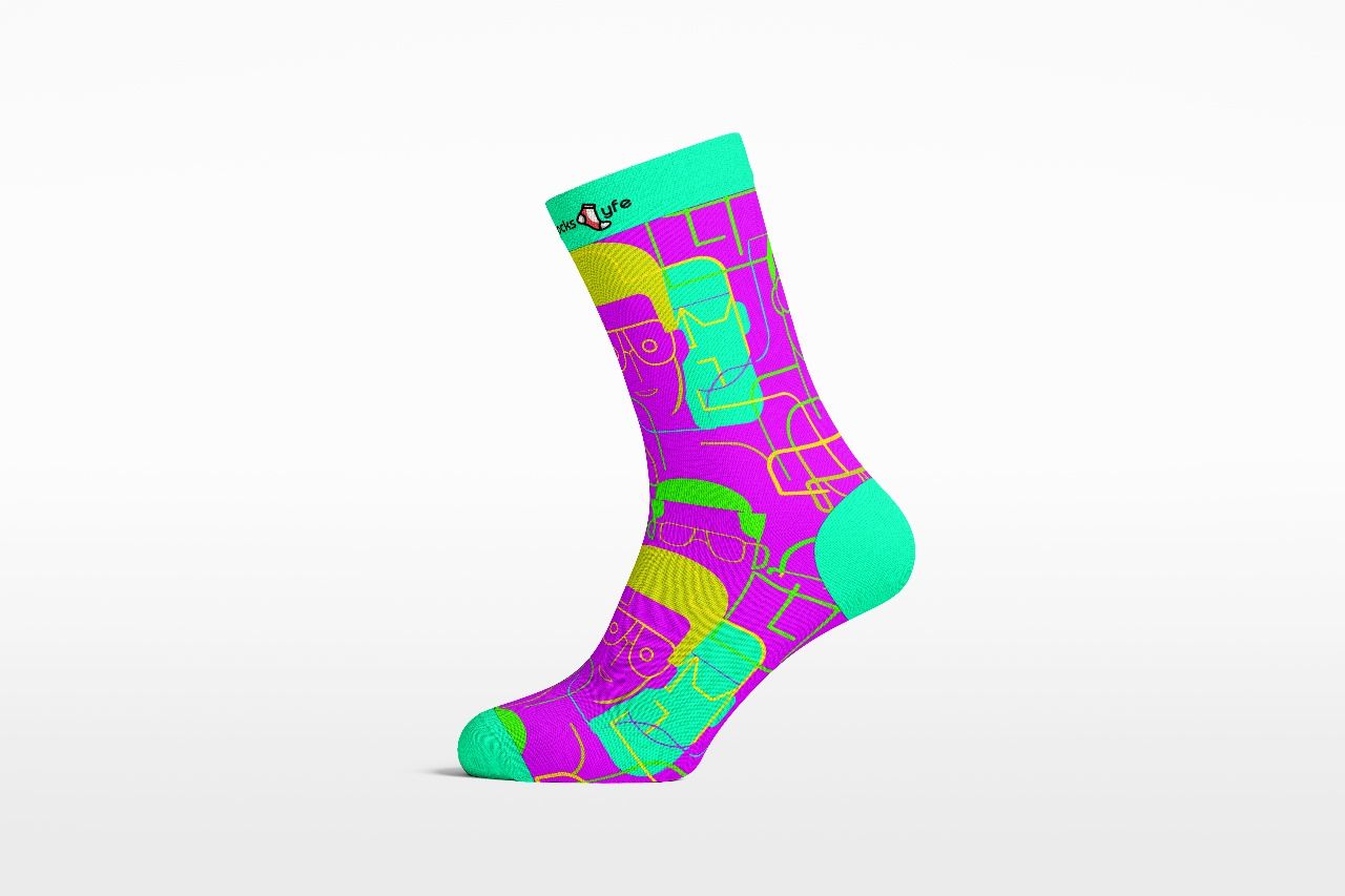 Men's pink socks with green artistic face design – Socks Lyfe